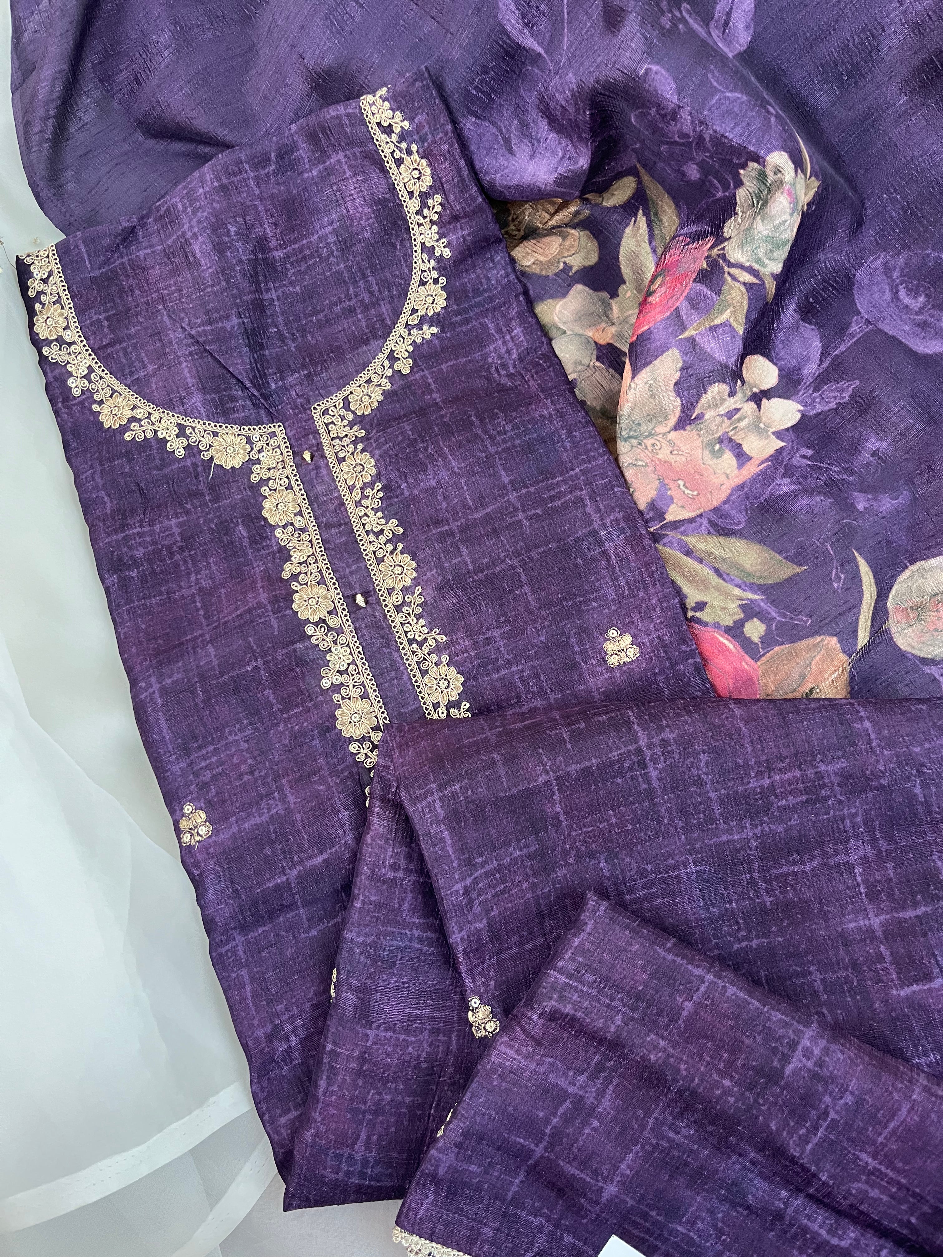 Purple Semi Tussar Semi Stitched Salwar
